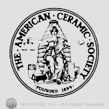 The American Ceramic Society written arched above an image of a woman all in a round shape frame.