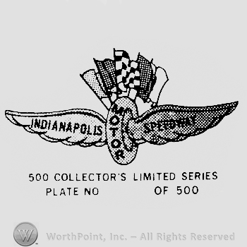 Complex design with a wheel with wings and 5 flags above, and indianapolis written  on left wing, motor written on the wheel and speedway written on right wheel, and beneath 500 collector's limited series written above plate no   of 500