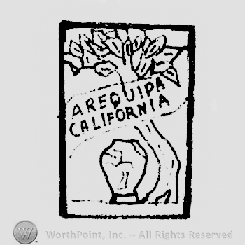Tree and a pot in a frame, Arequipa California  written on a ribbon in middle
