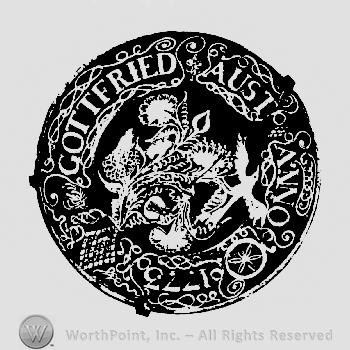 Complex design round shaped with a bird and flowers inside, Gottfried Aust Anno 1773 written