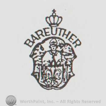 a crown above the word BAREUTHER and a drawing with a priest and a shield with a fleur de lis