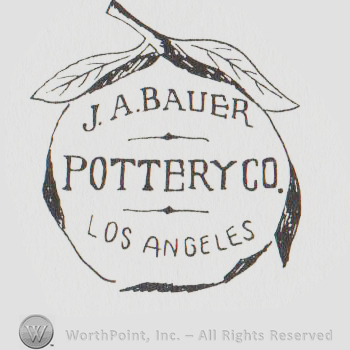 a fruit with "J A Bauer pottery co los angeles" and two leafs above