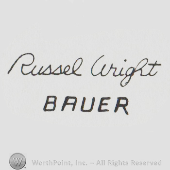 the words RUSSEL WRIGHT in handwriting above the word BAUER in uppercase letters