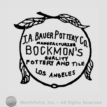 An apple shape and inside it written Ia Bauer Co written above Manufactures written above Bockmon's written above Quality written above Potter and Tile written above Los Angeles