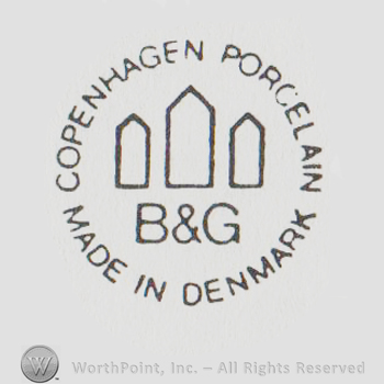 round logo with "copenhagen porcelain made in denmark b&g" and three arrow like shapes pointing up