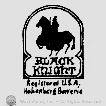 A mounted knight above Black written above Knight written ,all in a frame with upper corners rounded, above Registred U.S.A. written above Hohenberg Bavaria written.