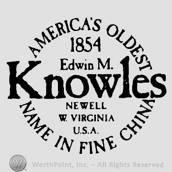 America'S Oldest arched written above Name In Fine China arched written all in shape of a circle and in the middle of the circle 1854 written above Edwin M. written above Knowles written bold above Newell written above W. Virginia U.S.A