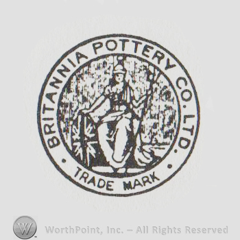 round logo with a man sitting, holding a shield and with BRITANNIA POTTERY CO LTD TRADE MARK on the edge