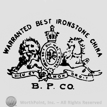 Waranted Best Ironstone China written arched above a symbol with a lion on the left, a horse on the right and an oval shape on vertical with a crown in the middle, above B.P.Co. written