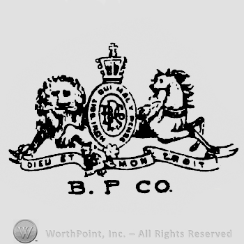 A symbol with a lion on the left, a horse on the right and an oval shape on vertical with a crown in the middle, above B.P.Co. written