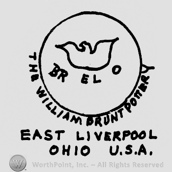 Shape of a bird above  BR EL O written arched,all in a round shape frame  above The William Brunt Pottery written arched above East Liverpool written above Ohio U.S.A.