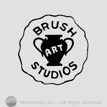 round logo with a pot with two handles and the text "brush art studios"