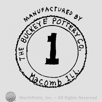 A circle shape frame with 1 written inside, The Buckeye Pottery Co. written arched above the frame and Macomb Ill. Written arched below it, all in another circle shape frame with Manufactured By written above it.