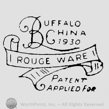 Buffalo written with stylish B above  China written above 1930, above Rouge ware written on a ribbon, Patent Applied for written under it