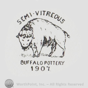 A standing buffalo with SEMI VITREOUS BUFFALLO POTTERY 1907