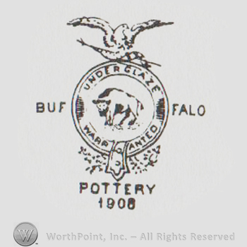 a circle with a buffalo in the middle and an eagle holding a flag and the text UNDERGLAZE BUFFALO WARRANTED POTTERY 1906