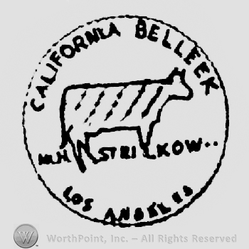 California Belleek written arched above a cow above M. H. Strikow written above Los Angeles written arched, all in round shape frame