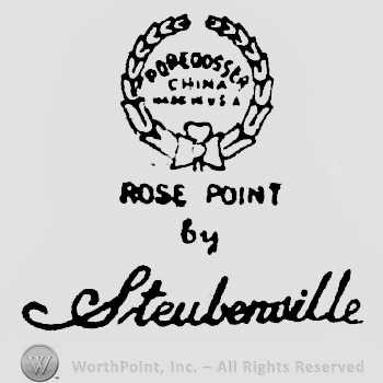 A wreath with Pqpeoossea written above China written above Made in U.S.A., Rose Point written under it above By written above Steubenville hand written