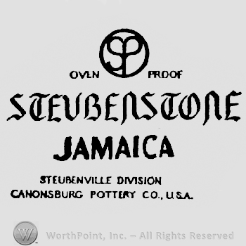 A circle shape frame with SP written inside it and Oven written on the left, Proof written on right, Steubenstone written under it above Jamaica written bold above Steubenville Division written above Canonsburg Pottery Co. U.S.A.