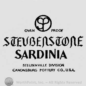 A circle shape frame with SP written inside it and Oven written on the left, Proof written on right, Steubenstone written under it above Sardinia written bold above Steubenville Division written above Canonsburg Pottery Co. U.S.A.