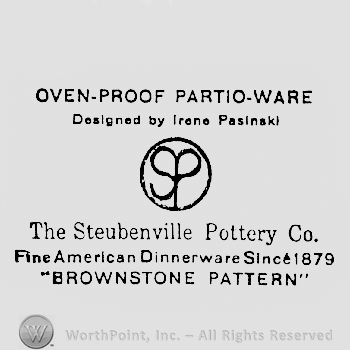 Oven-Proff Partio-ware written above Designed by Irene Pasinski written above a circle shape frame with SP written inside The Steubenville Pottery Co. written under it above Fine American dinerware Since 1879 written above "Brownstone Pattern"