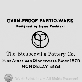 Oven-Proff Partio-ware written above Designed by Irene Pasinski written above a circle shape frame with SP written inside The Steubenville Pottery Co. written under it above Fine American dinerware Since 1879 written above Rondelay 4504