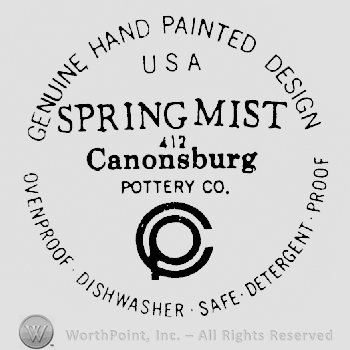 Genuine Hand Painted Design arched written above USA written above Springmist above 412 above  Canonsburg, above Pottery Co. written above a C with a P inside it, above Ovenproof Dishwasher Safe Detergent Proff written arched