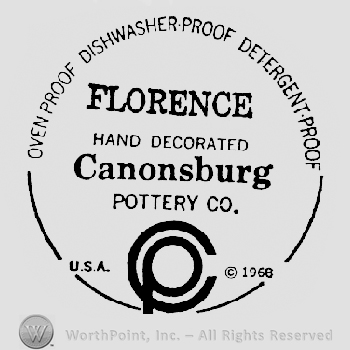 Ovenproof Dishwasher Safe Detergent Proff written arched above Florence written above  Hand Decorated written above Canonsburg written above Pottery Co. above a C with a P inside it with U.S.A. written on it left and 1968 written on it right