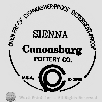 Ovenproof Dishwasher Safe Detergent Proff written arched above Sienna above  Hand Decorated written above Canonsburg written above Pottery Co. above a C with a P inside it with U.S.A. written on it left and 1968 written on it right