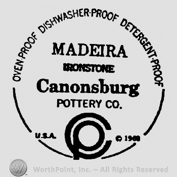 Ovenproof Dishwasher Safe Detergent Proff written arched above Madera written above Ironstone written above Canonsburg written above Pottery Co. above a C with a P inside it with U.S.A. written on it left and 1968 written on it right