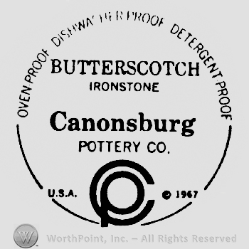 Ovenproof Dishwasher Safe Detergent Proff written arched above Butterscotch written above Ironstone written above Canonsburg written above Pottery Co. above a C with a P inside it with U.S.A. written on it left and 1968 written on it right