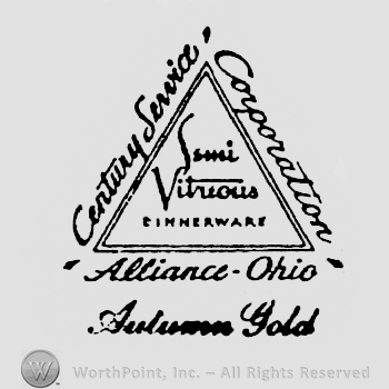Triangle shape frame with Semi written above Vitreous written above Dinerware written inside it, Century Service written on it left, Corporattion writen on it right, Alliance ohio written under it above Autumn Gold