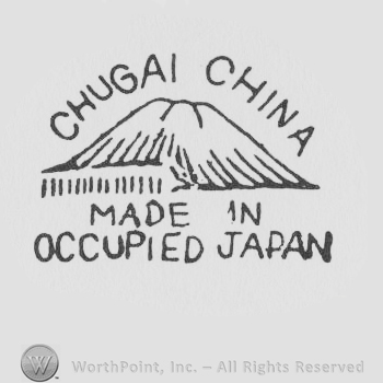 A volcano, Mt. Fujiyama with the words Chugai China above and Made in Occupied Japan below.