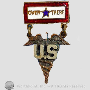 WWI Metal Insignia : WWI Army Medical Corps "Over There" Service Pin.
