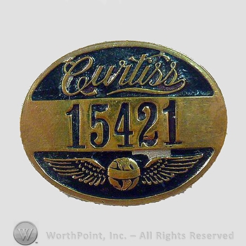 WWI Metal Insignia : 1920's Curtiss Wright Aircraft Worker Badge .