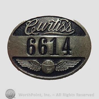 WWI Metal Insignia : 1920s Curtiss Aeroplane & Motor Co. Worker Badge .