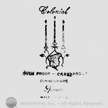 Colonial hand written above a candlestick with 3 candles, Oven-Proff Dinerware written under it