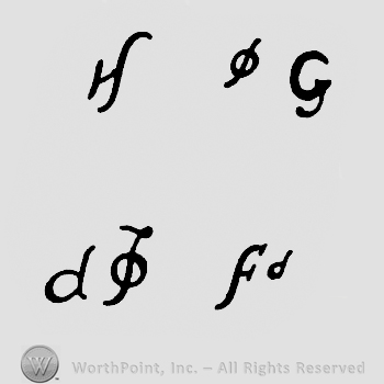 H, greek Phi letter, C written above D, greek Phi lette, F and D