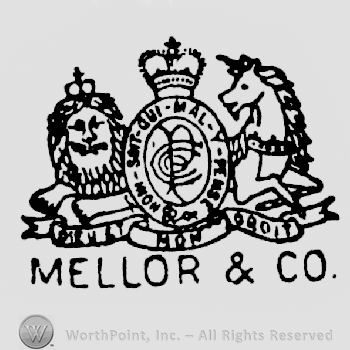 Lion on the left, a crown on a shield in the middle, ans a unicorn on the right, Mellor & Co. written under