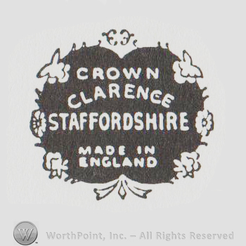 cartouche with the text "crown clarence staffordshire made in england"