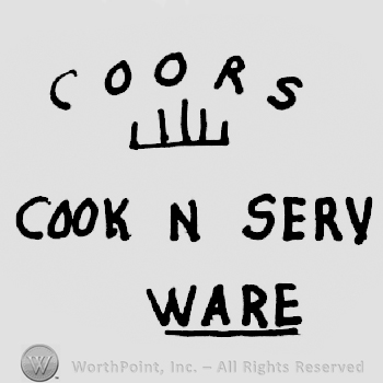 Coors written above a figure made from 5 vertical lines and one horizontally above Cook N Serv written above Ware