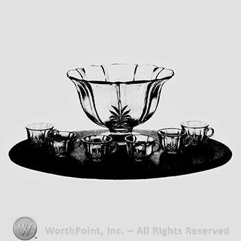 Glass pattern: Baroque; footed punch bowl and punch cups.