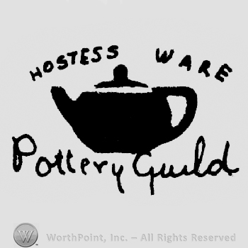 Hostess Ware written arched above a kettle shape, Pottery Guild hand written under it