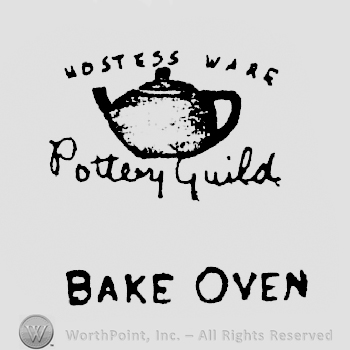 Hostess Ware written arched above a kettle shape, Pottery Guild hand written under it above Bake Oven written