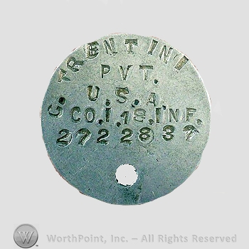 WWI Dog Tag : Pvt. C. Trentini Co. I 18th Infantry Regiment Dog Tag.
