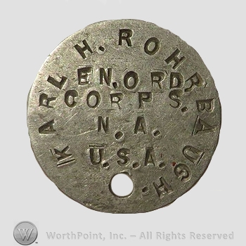 WWI Dog Tag : Karl H. Rohrbaugh, En Ord Corps, N.A. U.S.A..