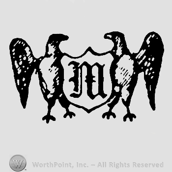 Two eagles holding a shield with letter M on it.