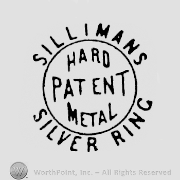 A circle enclosing words HARD PATENT METAL, Sillimans Silver Ring written outside the circle with uppercase letters