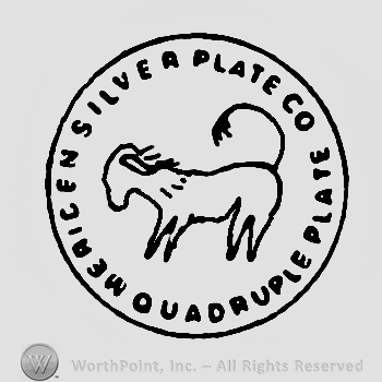 A circle enclosing an animal and the words Meriden Silver Plate Co Quadruple Plate written with uppercase letters. 