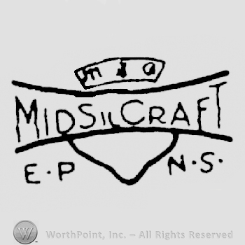 MIDSILCRAFT between two lines, shield in background with uppercase M&G on top, uppercase E.P and N.S written below.